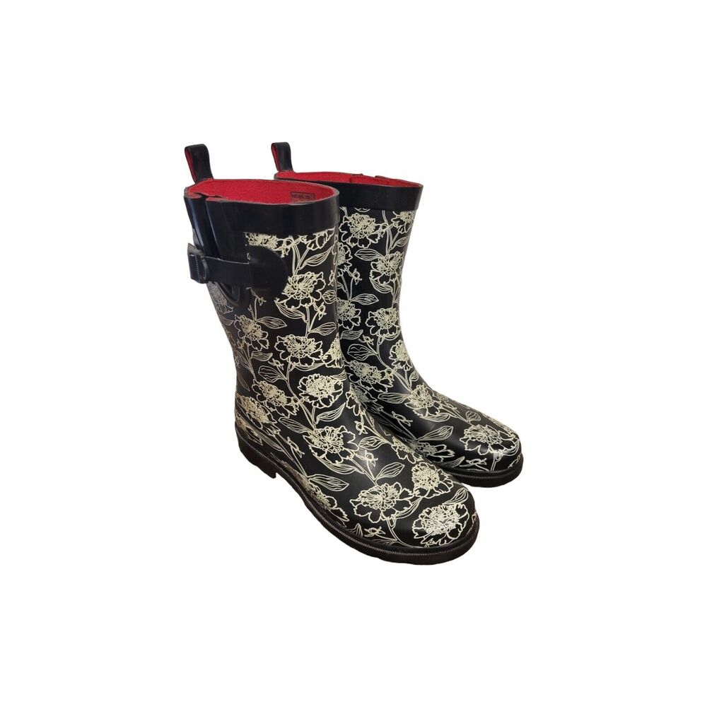 Capelli Chooka Rain Boot Women 7 Black Floral Waterproof Red Lining